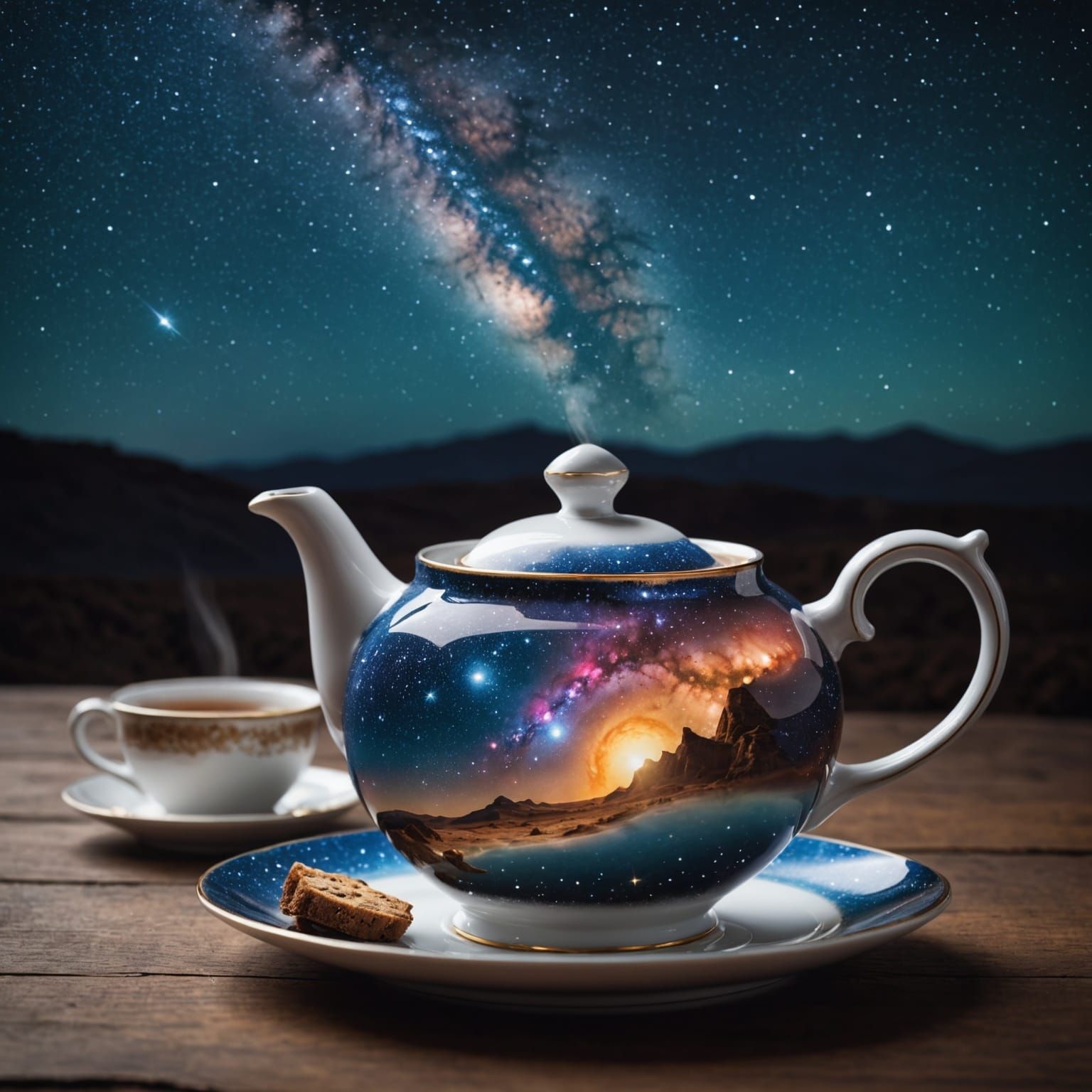 Teapot Galaxy Pouring into Teacup: Hyperrealistic HDR