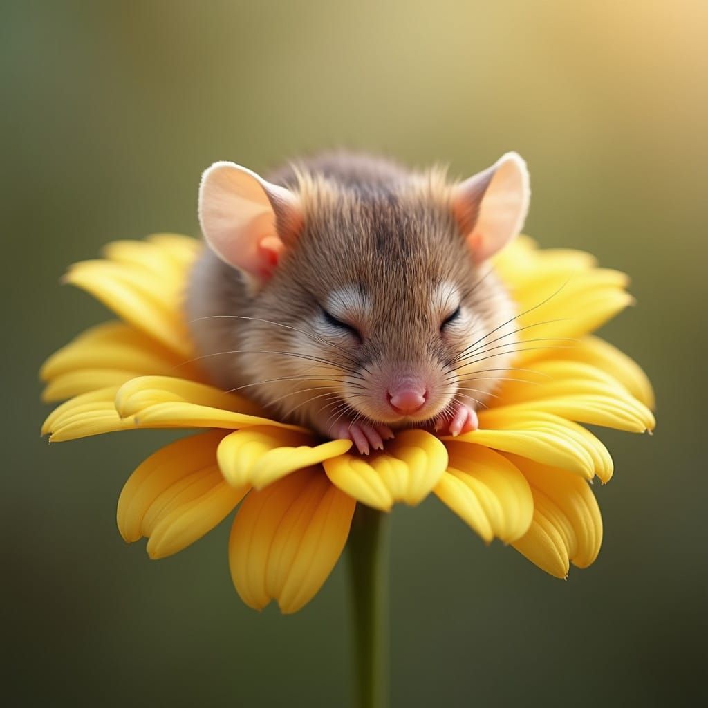 Whimsical Baby Mouse Asleep in a Floral Bouquet