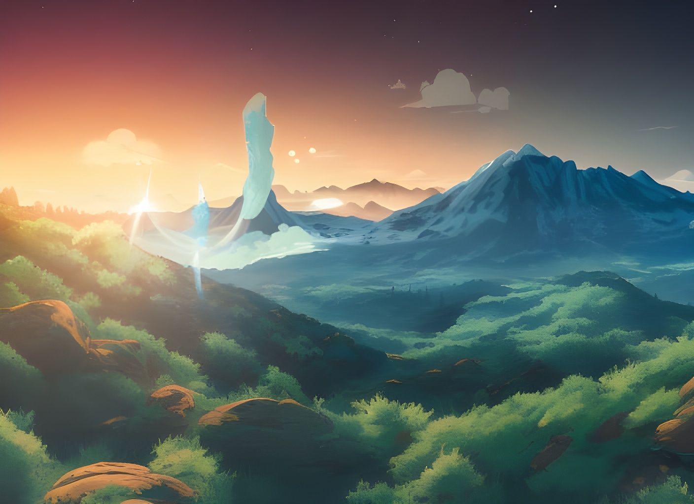 Cosmic Sky Over Forest: Manga Art Panorama