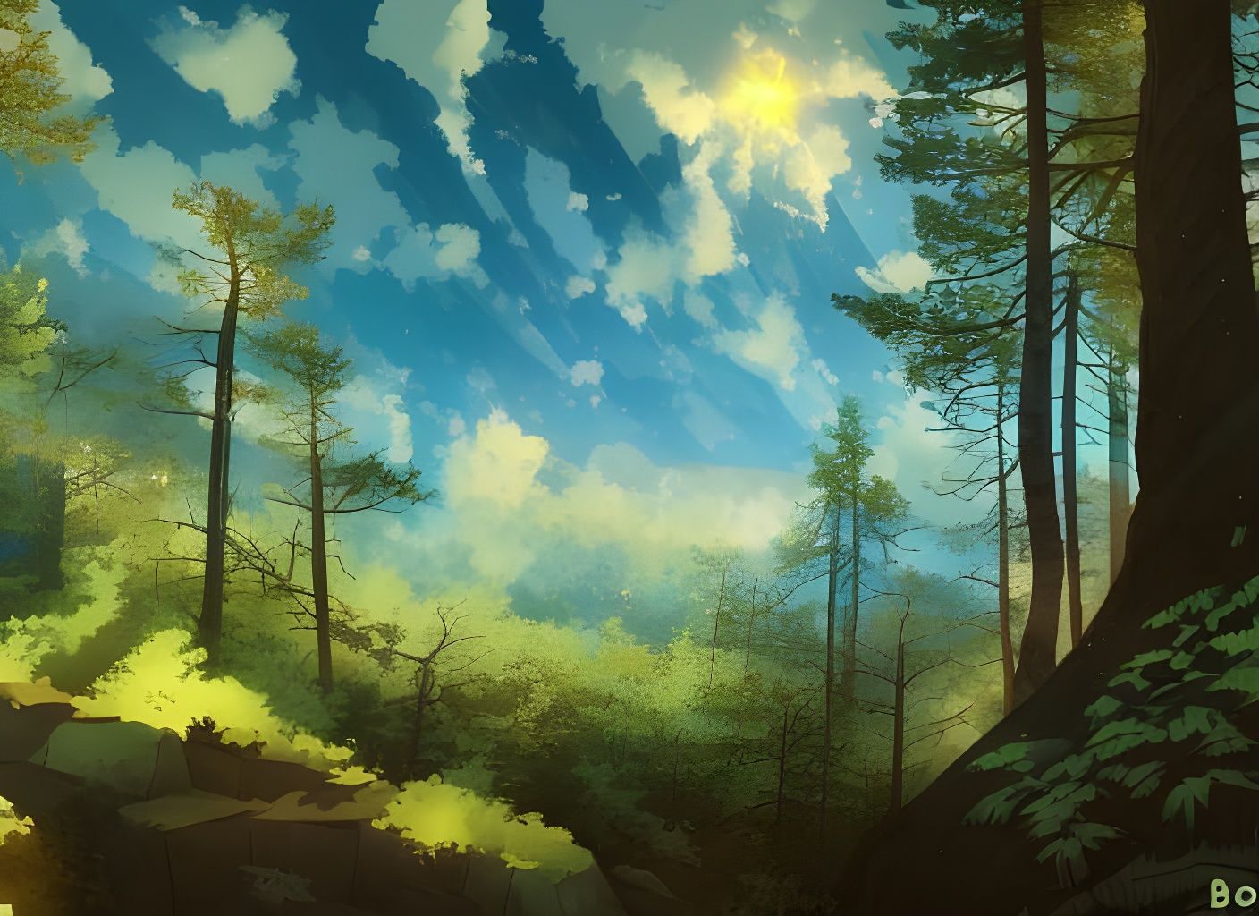 Cosmic Sky Over Forest: Manga Art Panorama