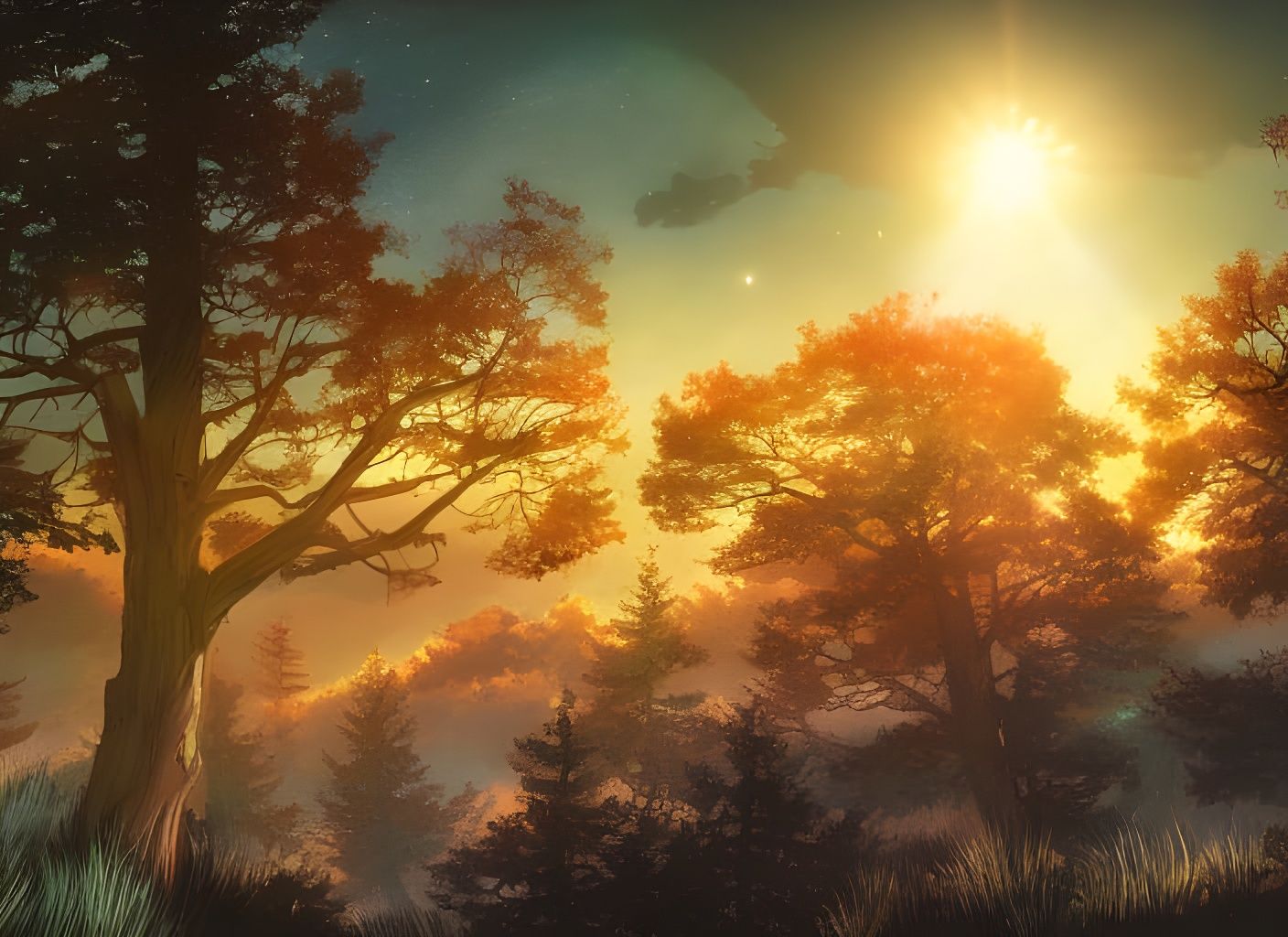 Cosmic Sky Above Forest in Manga Style