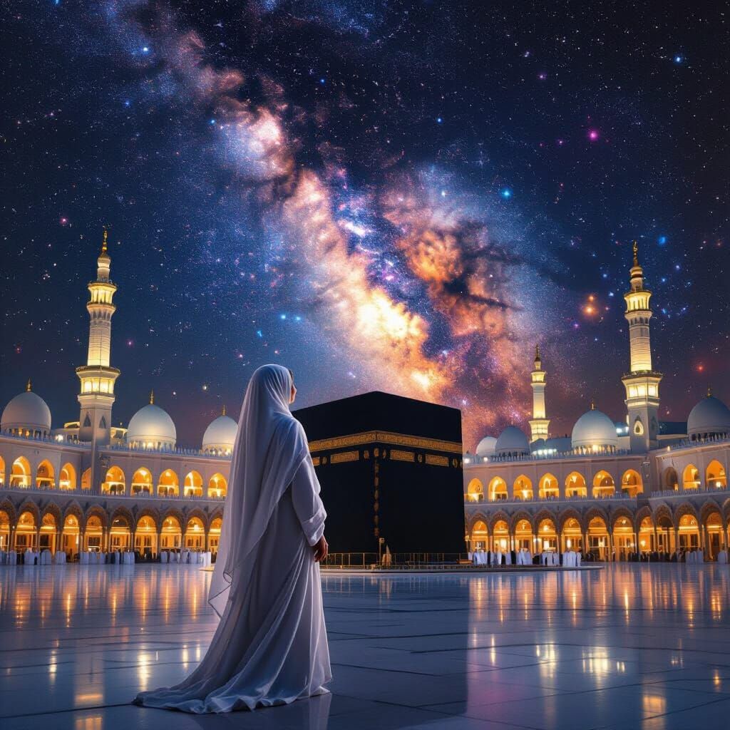 Woman Contemplates Mecca's Kaaba Under Colorful Milky Way