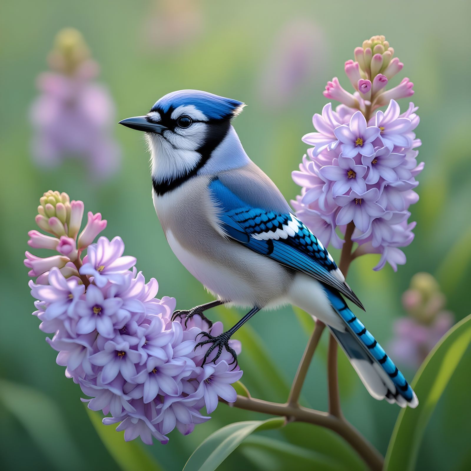 Blue Jay in Lilacs: Hyperrealistic Comic Style