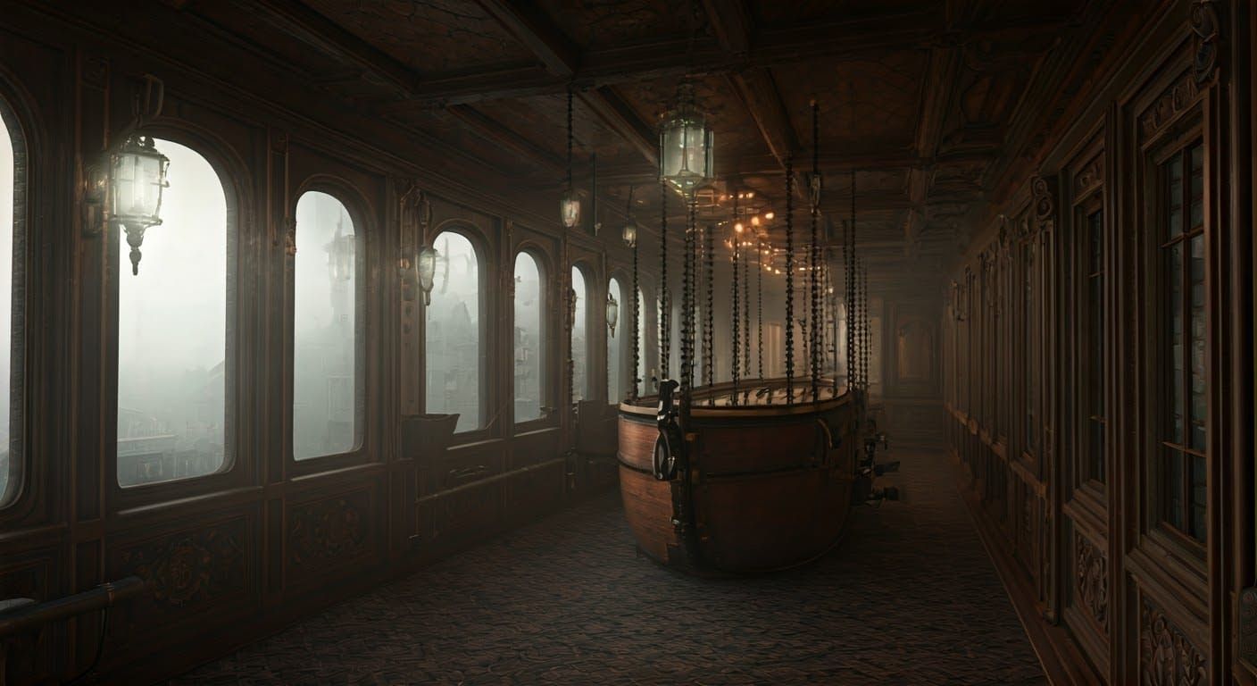 Steampunk Airship in Mist-Shrouded Victorian Skies