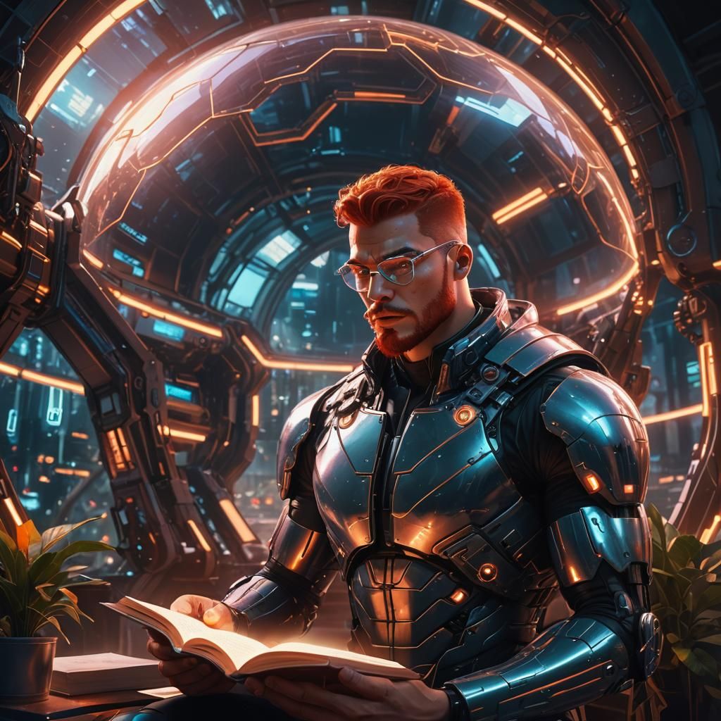 Cyborg Reading Book in Futuristic Cyberpunk Dome