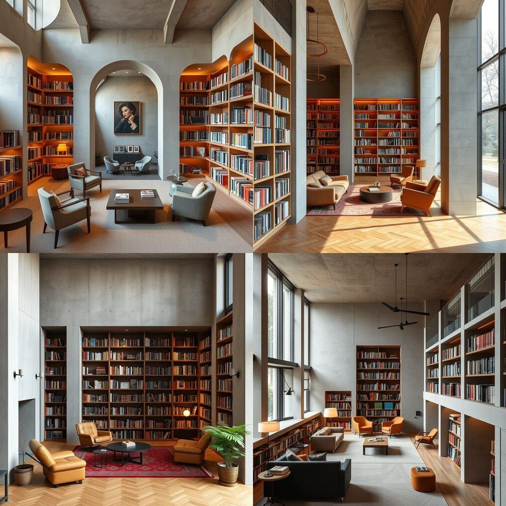 Cozy Brutalist Library Sanctuary