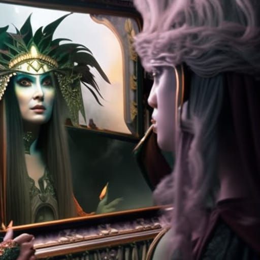 Hyperrealistic Witch Contemplates Reflection in Large Mirror