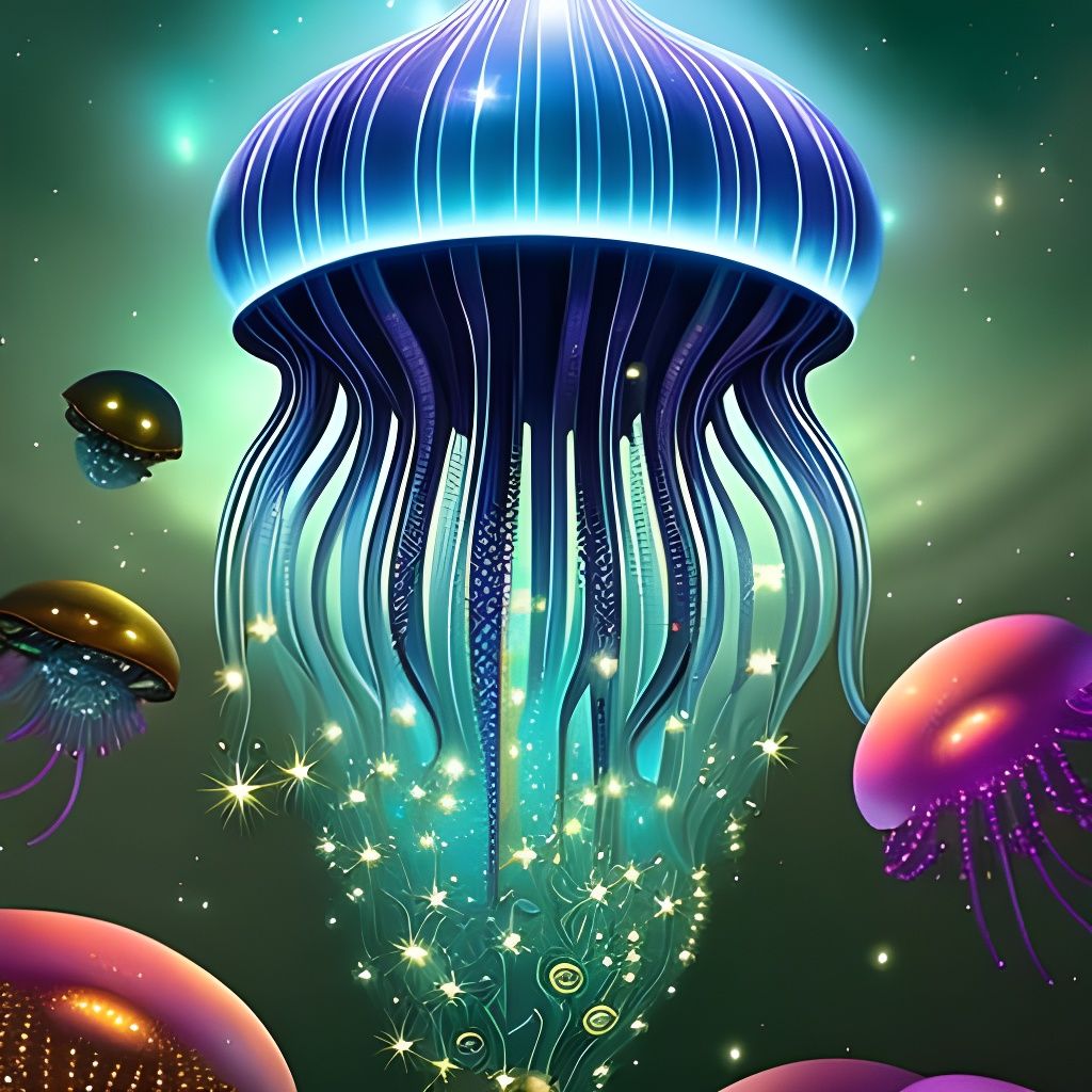 Shimmering Nebula Jellyfish in Ornate Underwater Scene