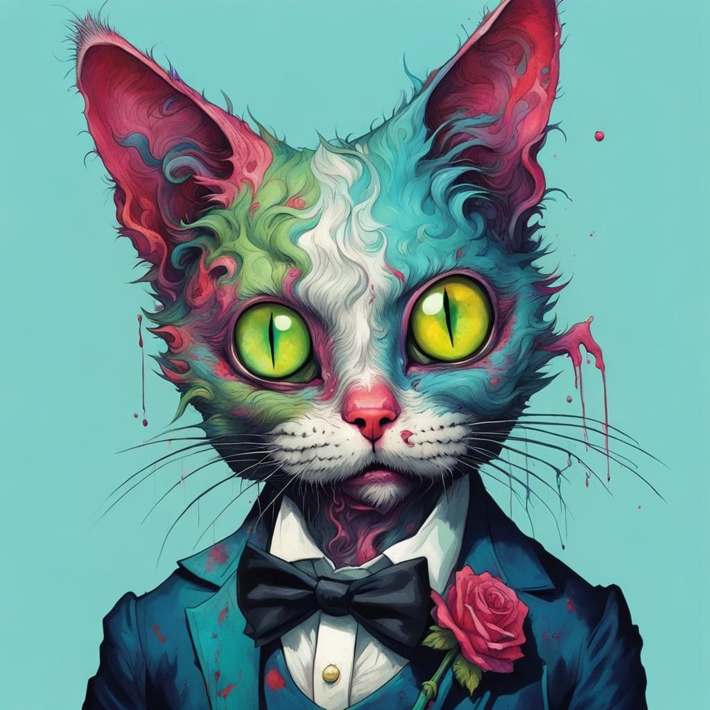 Anthro Zombie Cat in Rococo Encaustic Style