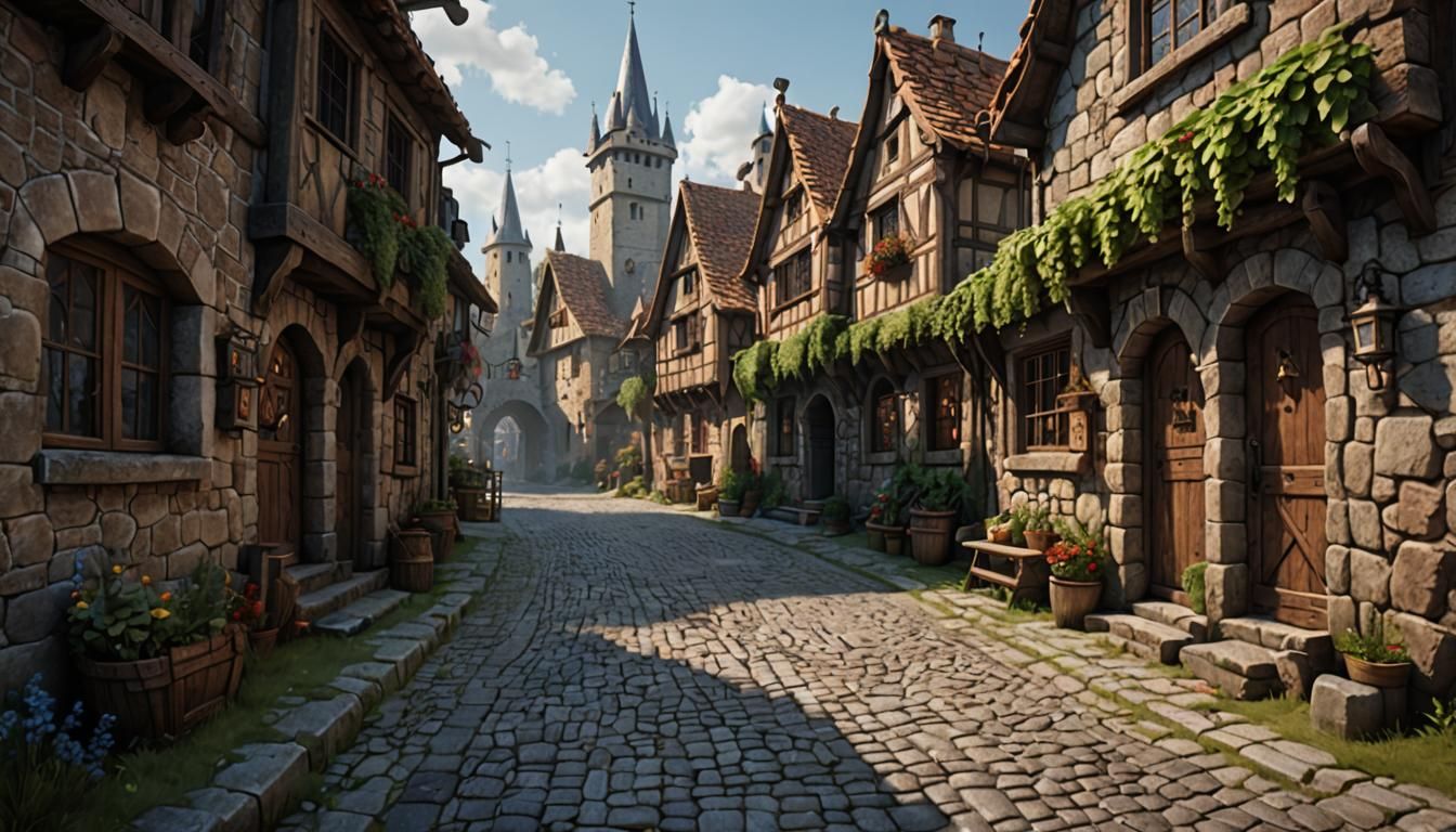 Medieval Village Cobblestone Street in Detailed Matte Painti...