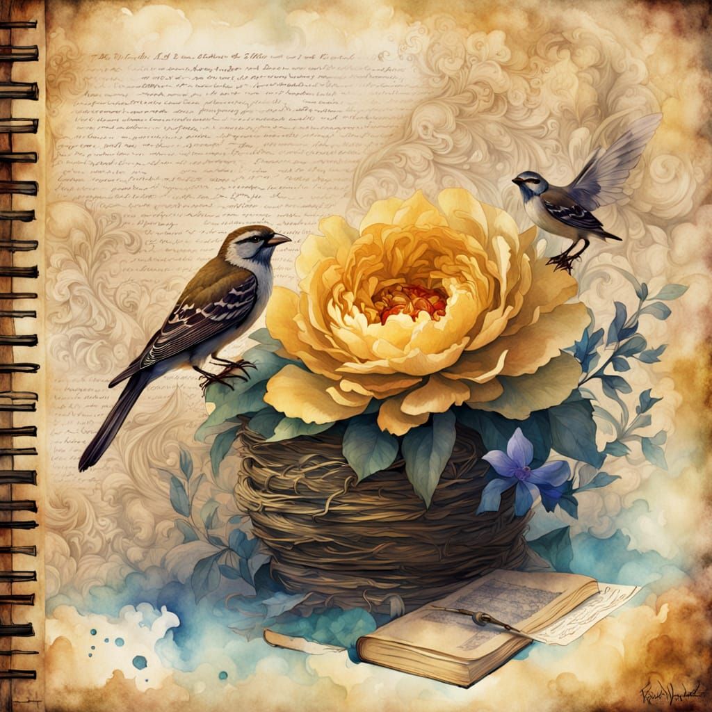 Surreal Floral Wonderland with a Whimsical Sparrow Nest