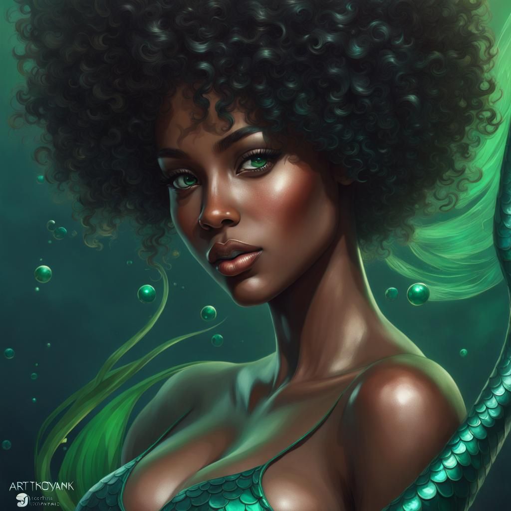 Beautiful Black Mermaid Portrait in Digital Art Style
