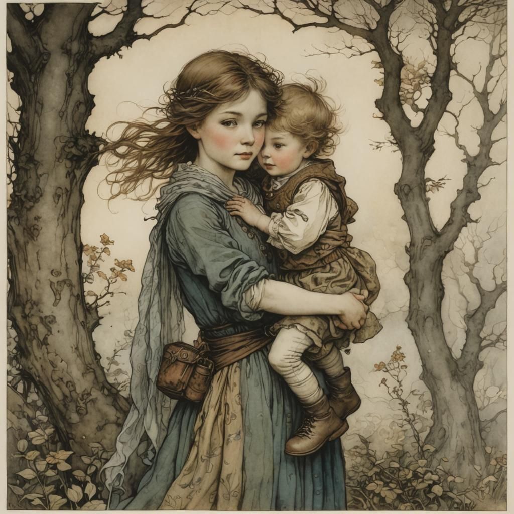 Sister Protects Brother in Whimsical Illustration