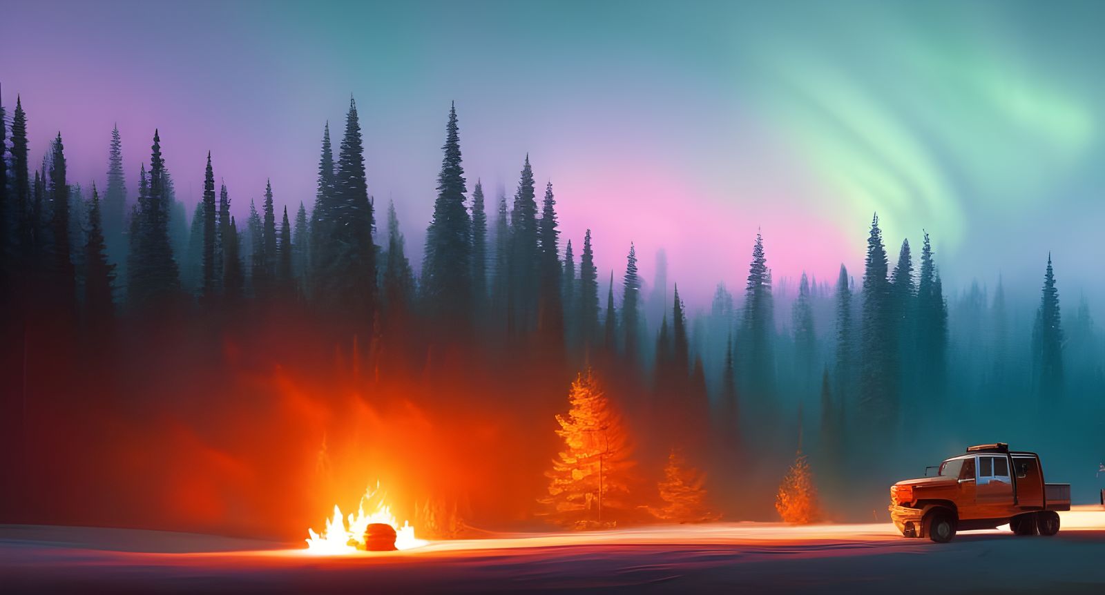 Truck Under Northern Lights with Campfire