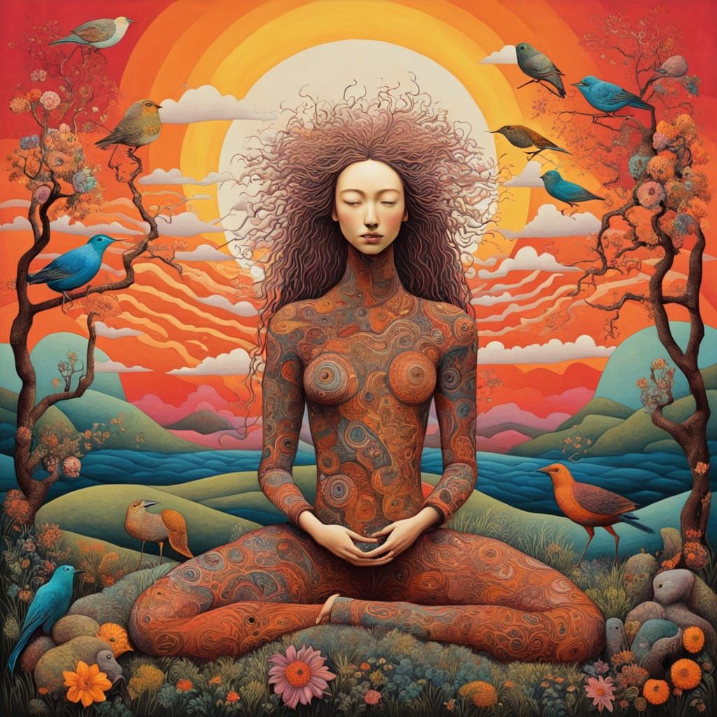 Ephemeral Land Art Sculpture with Woman at Sunset