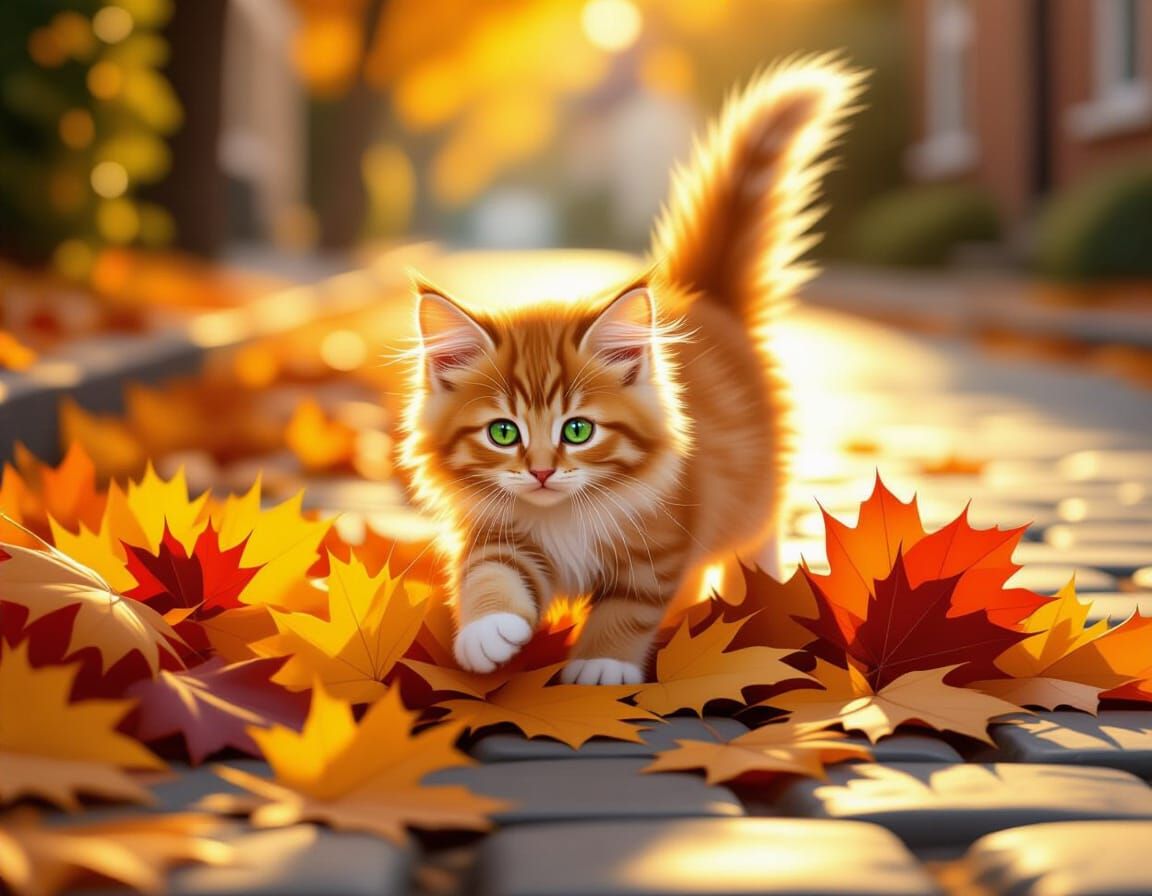 Fluffy Kitten Pouncing in Autumn Leaves