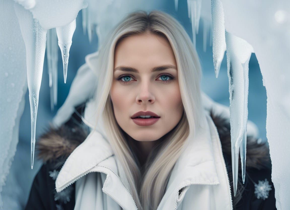 Woman in Winter Wonderland with Frozen Icicles
