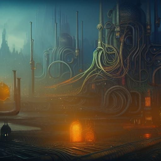 Fantastical Industrial City of Magic Creatures