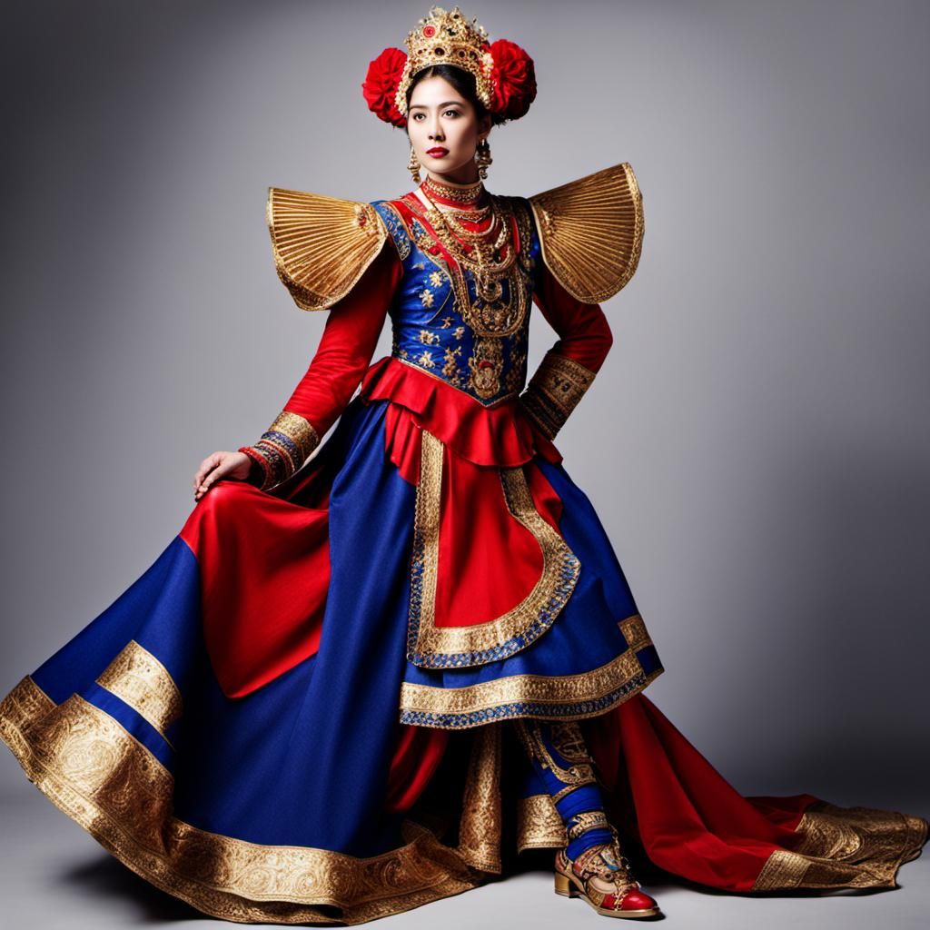 Woman in Red and Blue Costume with Gold