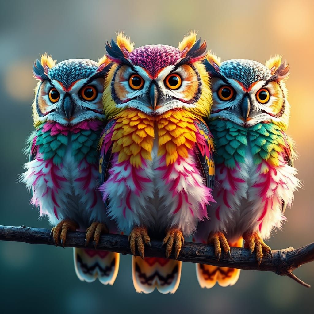 Colorful Fluffy Owls on Branch: Fantasy Art Portrait
