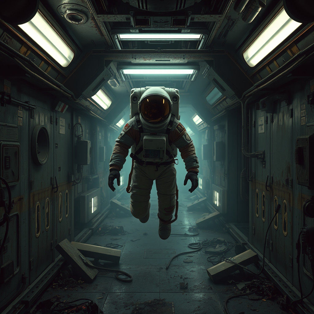 Astronaut in Decaying Space Station, Dark Cinematic Horror