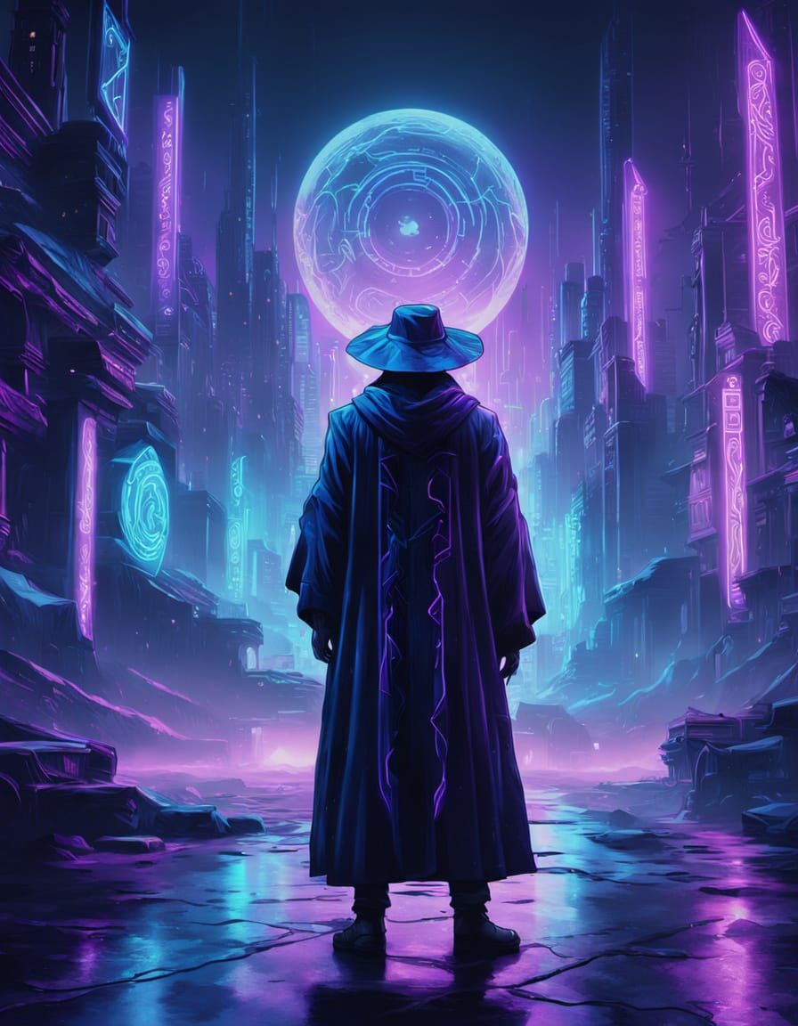 Mysterious Wizard Conjures Neon Spells in Cyberpunk City