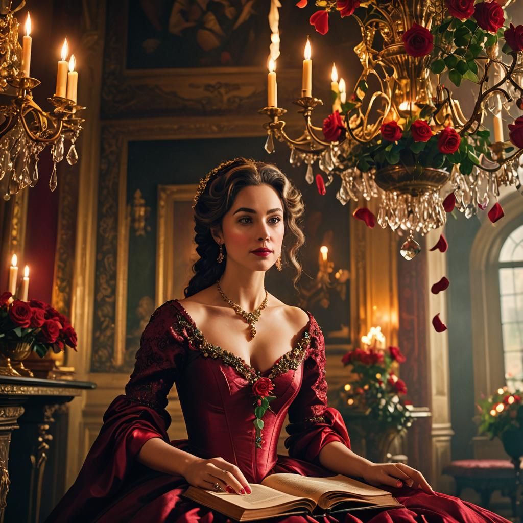 Crimson Romance: A Royal Scene in Oil Painting Style