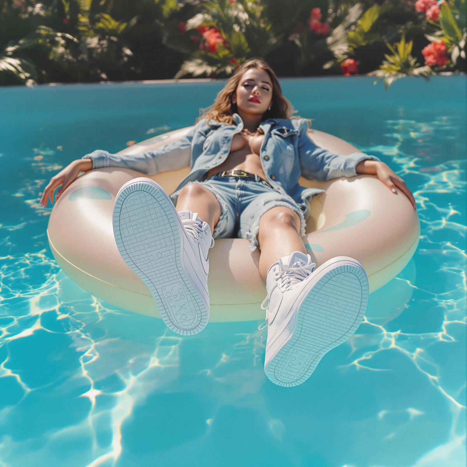 Serene Woman on Azure Pool Float in Distressed Denim