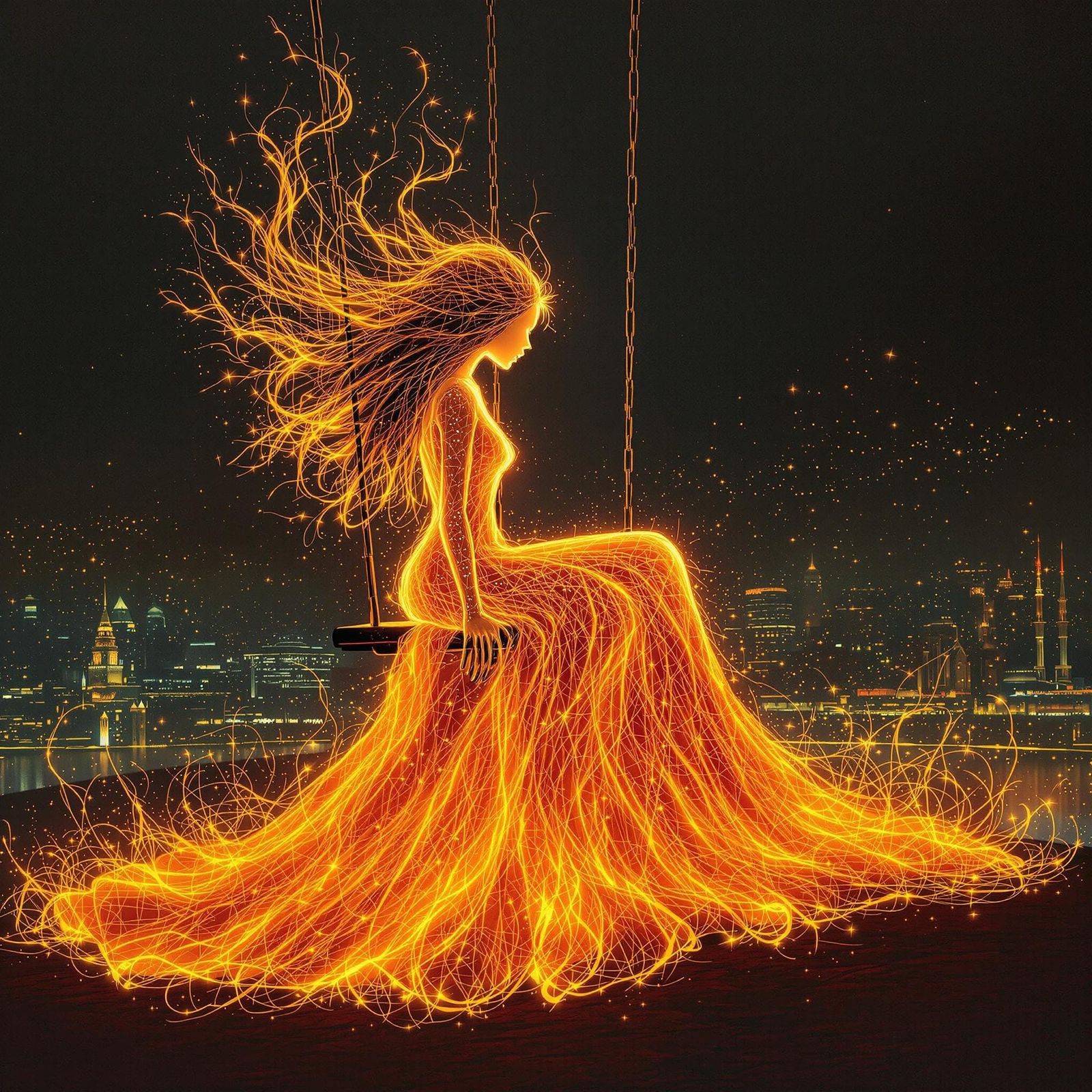 Fiery Silhouette on a Swing, in Fantasy Art Style