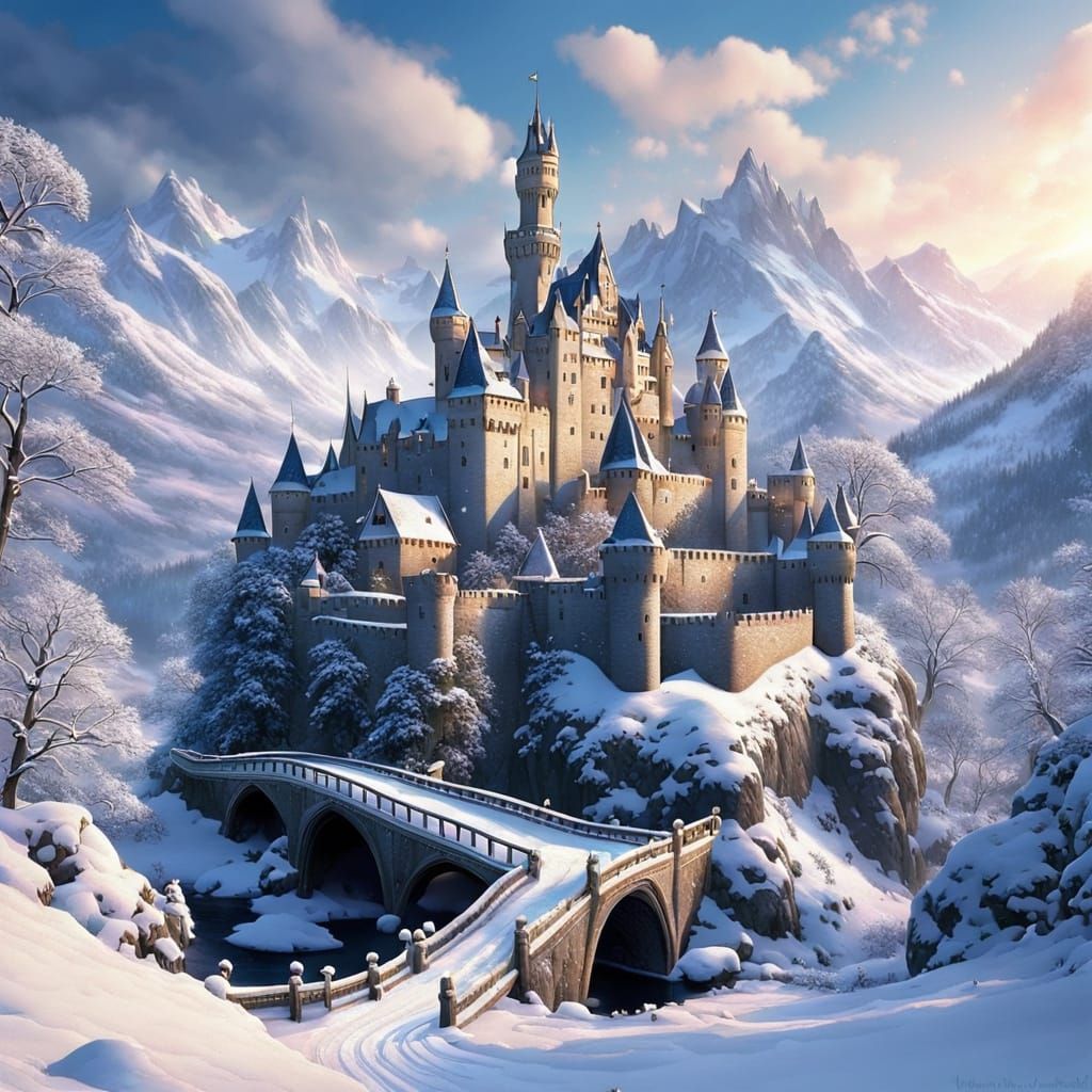 Enchanted Winter Castle Scene in Whimsical Fantasy Style