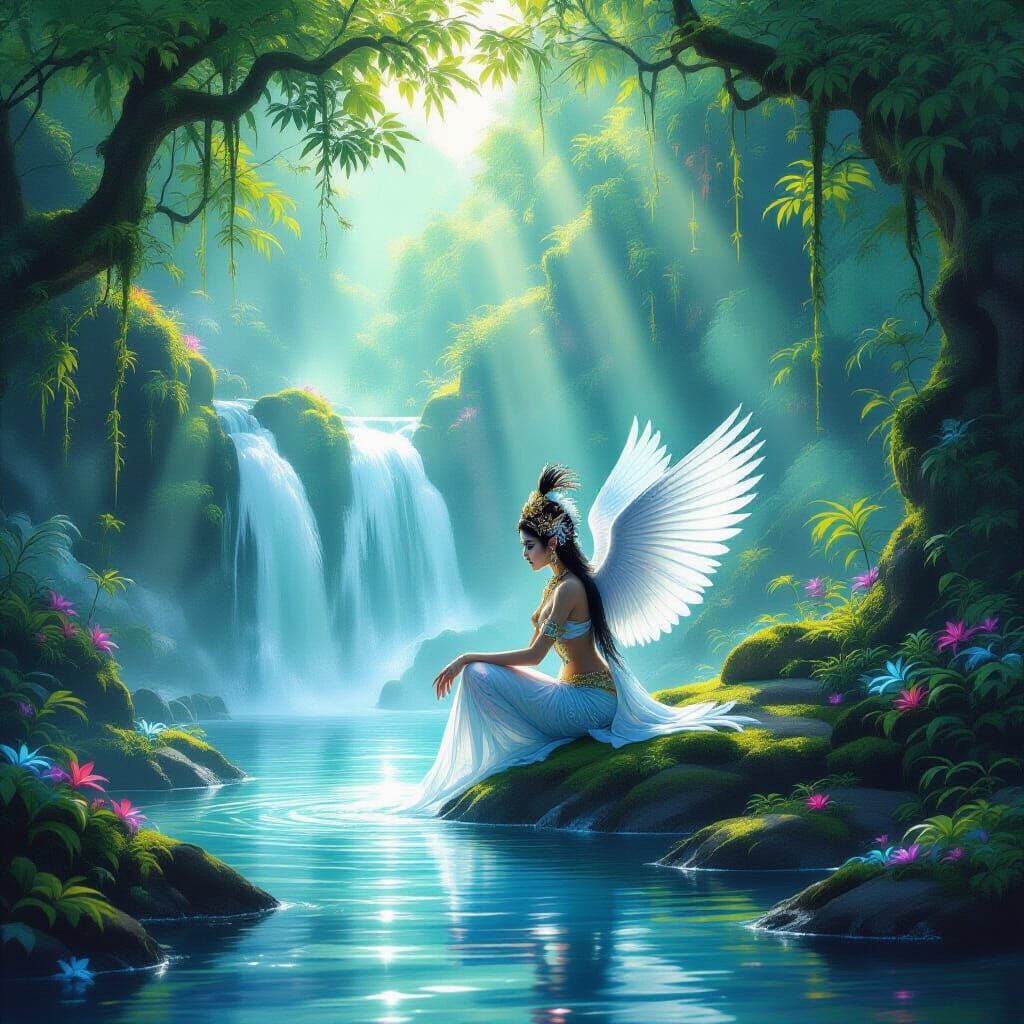 Mythical Kinnaree Bathes in Enchanted Forest Waterfall