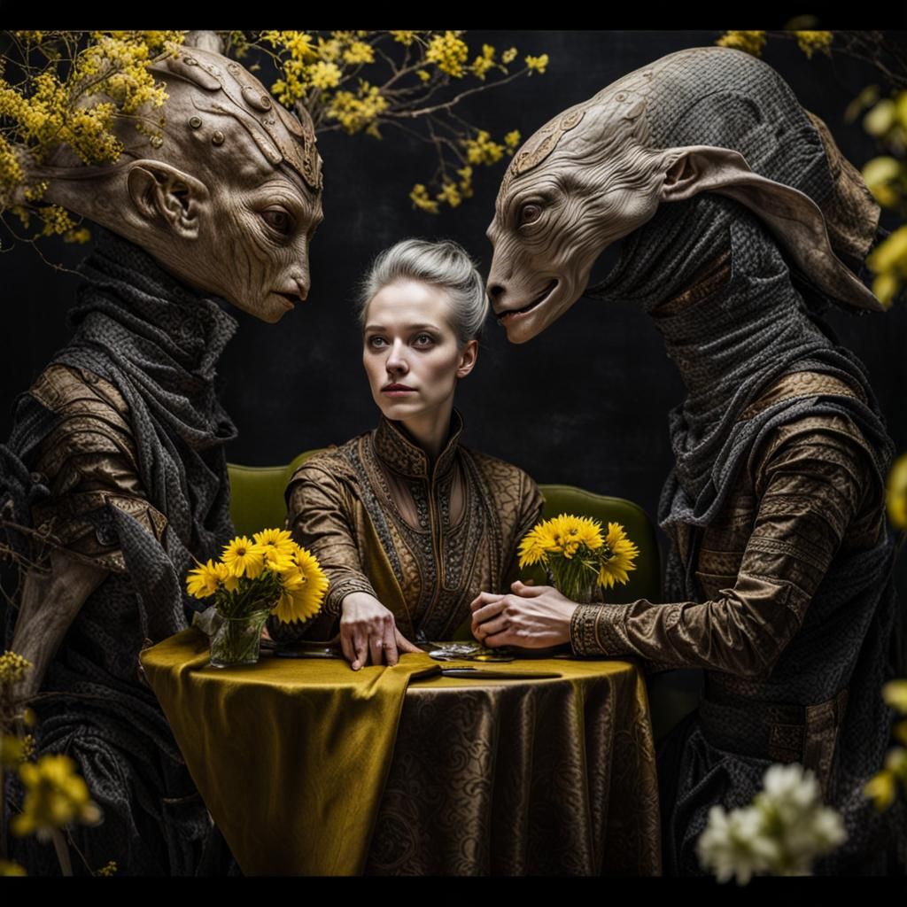 Surreal Restaurant Scene with Beautiful Aliens