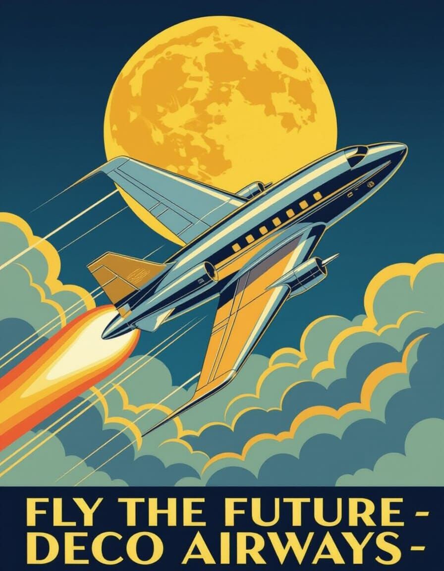 Art Deco Poster: Futuristic Jet Soars Above Clouds