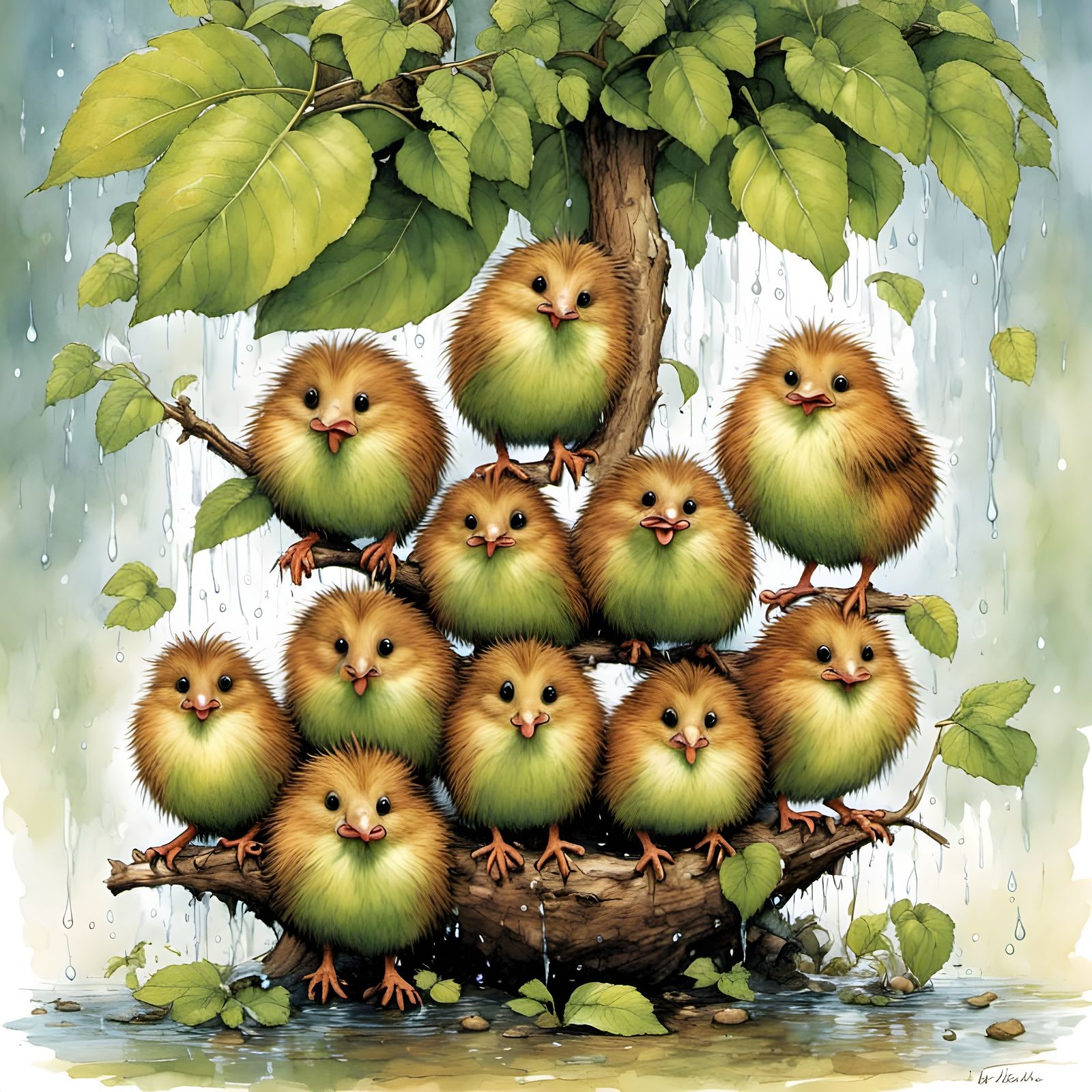 a group of cute young anthropomorphic kiwi birds are hanging...