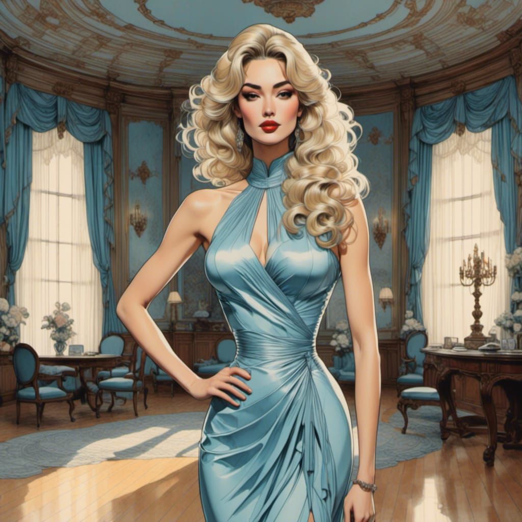 Woman in Blue Dress, Comic Book Style