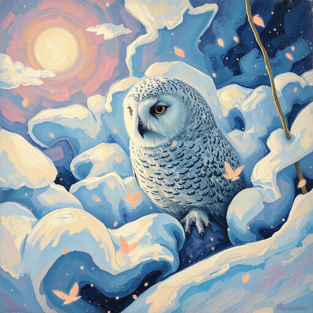 Whispering Snowowl in Vibrant Kandinsky-Inspired Abstraction