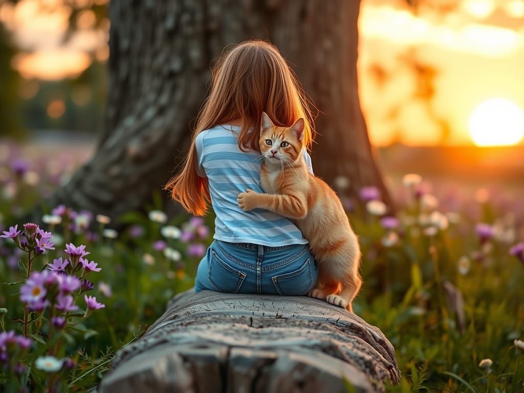 Girl and Cat Embrace at Sunset in Wildflower Meadow