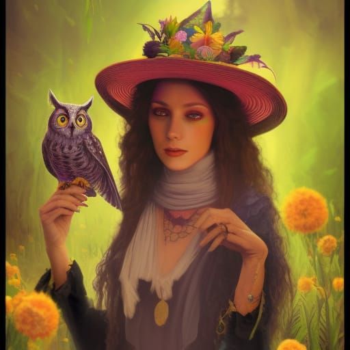 Psychedelic Sorceress with Owl Portrait