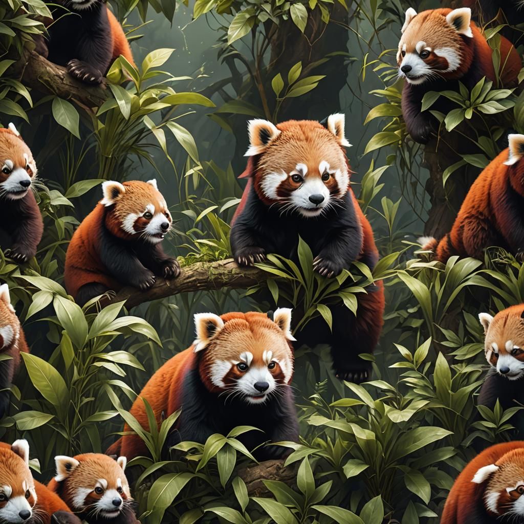 Red-Brown Panda Chewing Plants in Detailed Matte Painting