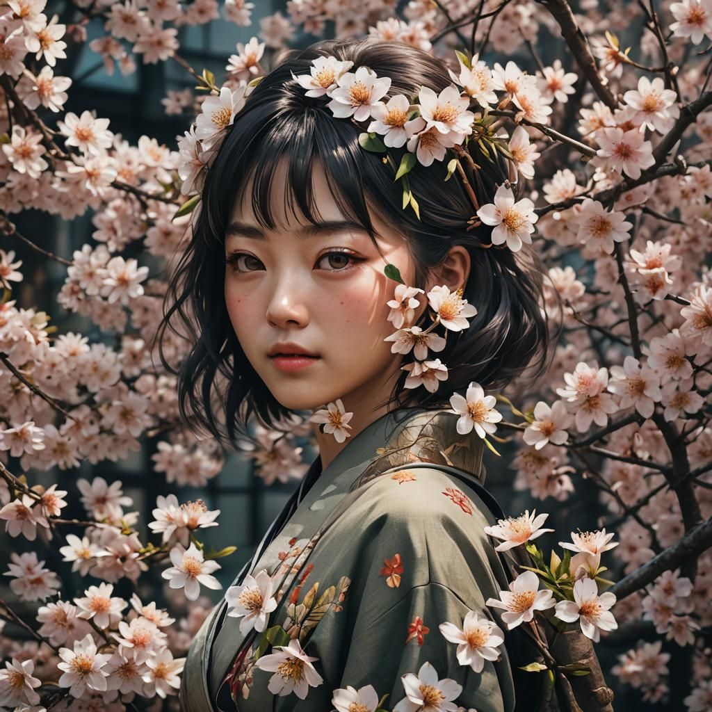 Japanese Woman in Traditional Robe, Anime Style