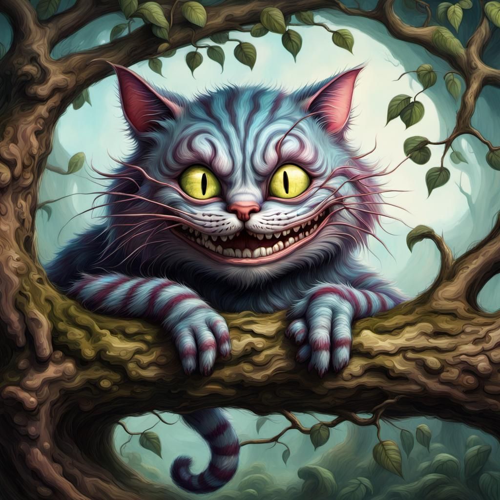 Surreal Cheshire Cat Smirking on Branch in Watercolor