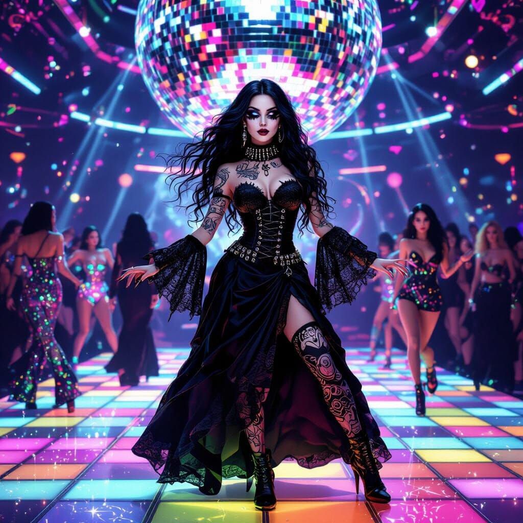 Gothic Woman Dancing in Neon Disco Club