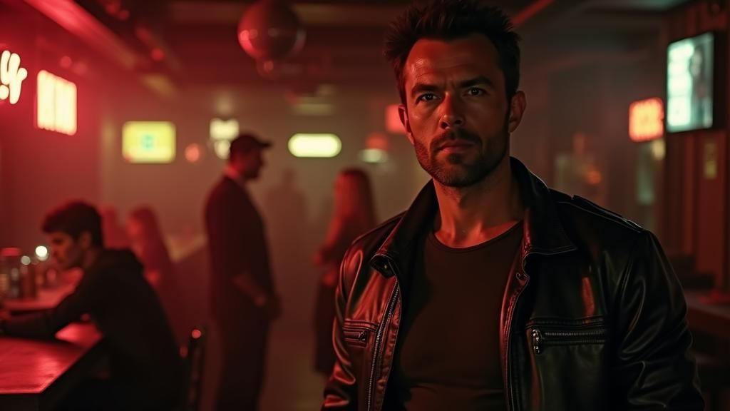 Dramatic Film Still: Rugged Man in Pickup Bar