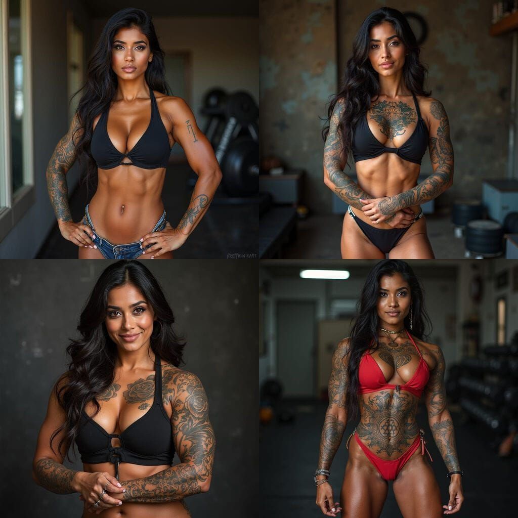 Bangladeshi Female Bodybuilder with Tattoos in Strong Pose