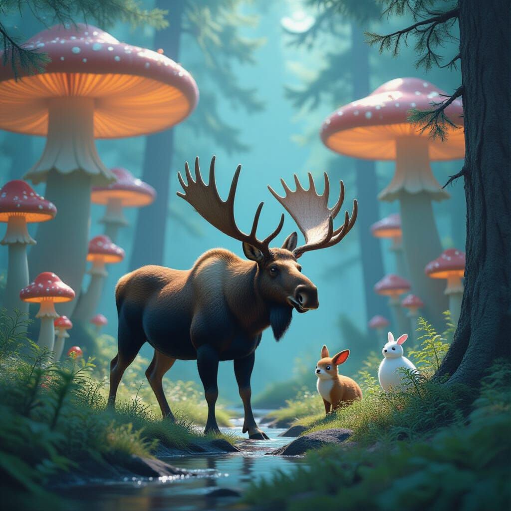 Majestic Moose in Luminous Forest, Ghibli Style