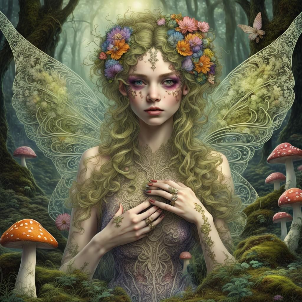 hyperdetailed beautiful Filigree add fairies fairy housings mossy forest floor, with flowers and mushrooms in enchanted ...