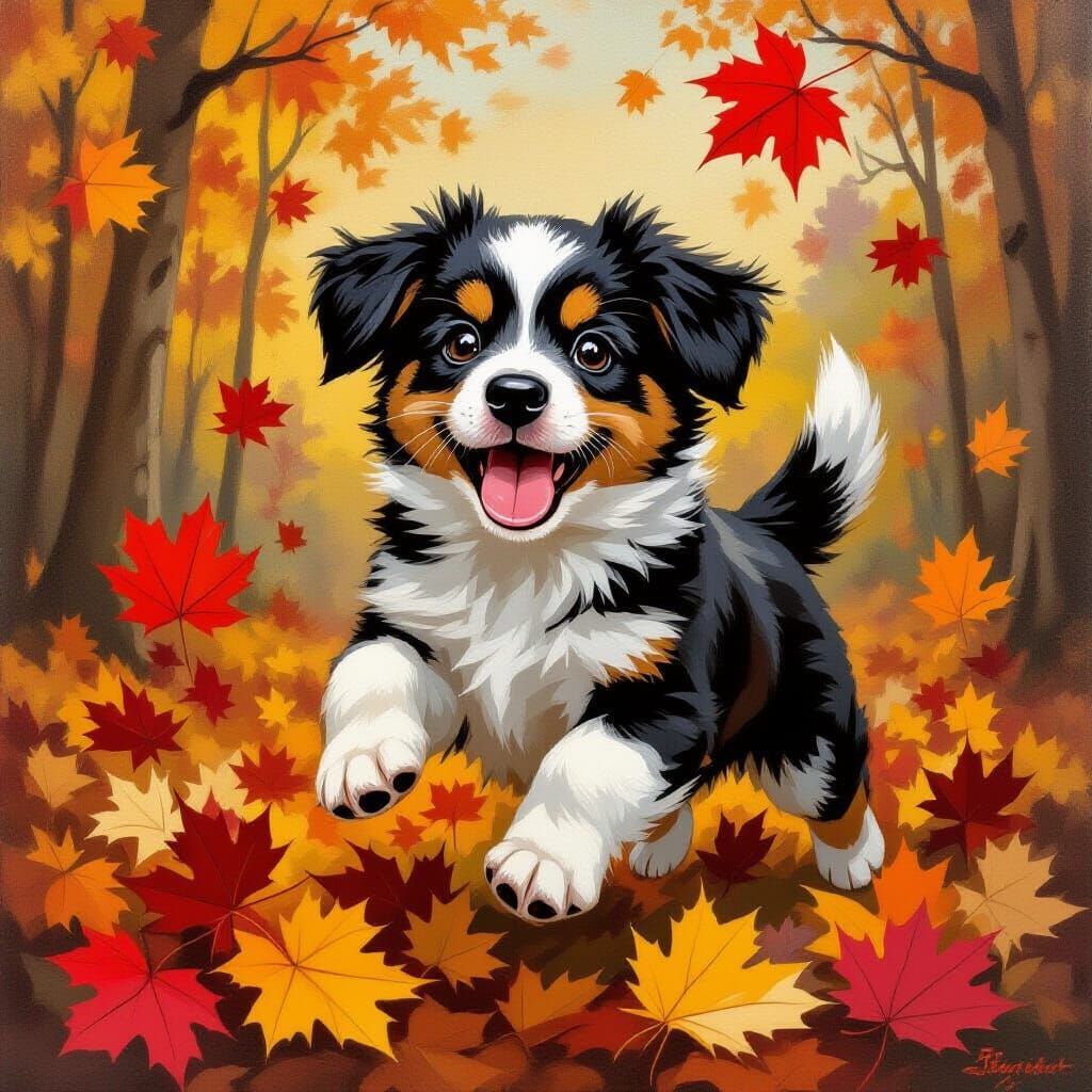 Bul'ka the Dog Joyfully Plays in Autumn Maple Leaves