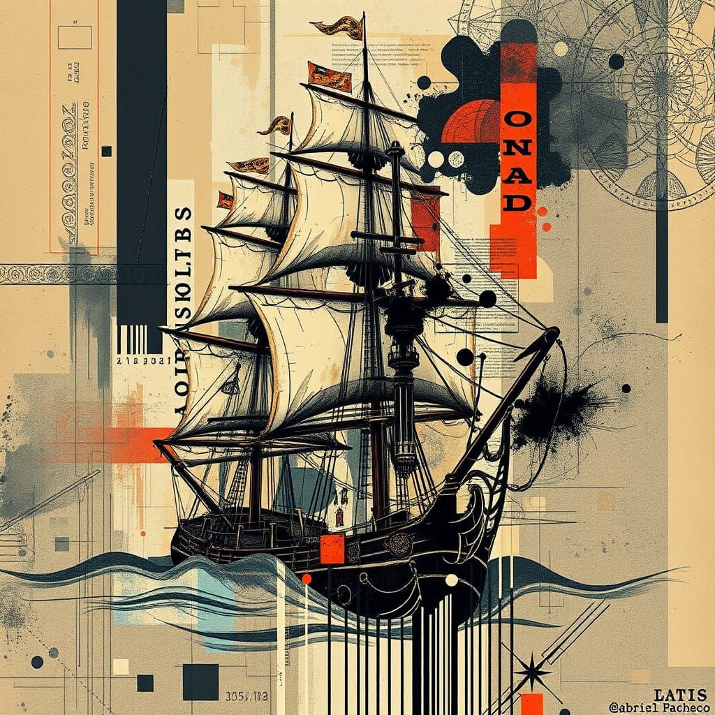 Ancient Sailing Ship in Distressed Digital Art