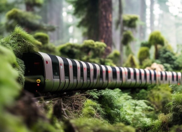 Post-Apocalyptic Monorail Train in Overgrown Forest