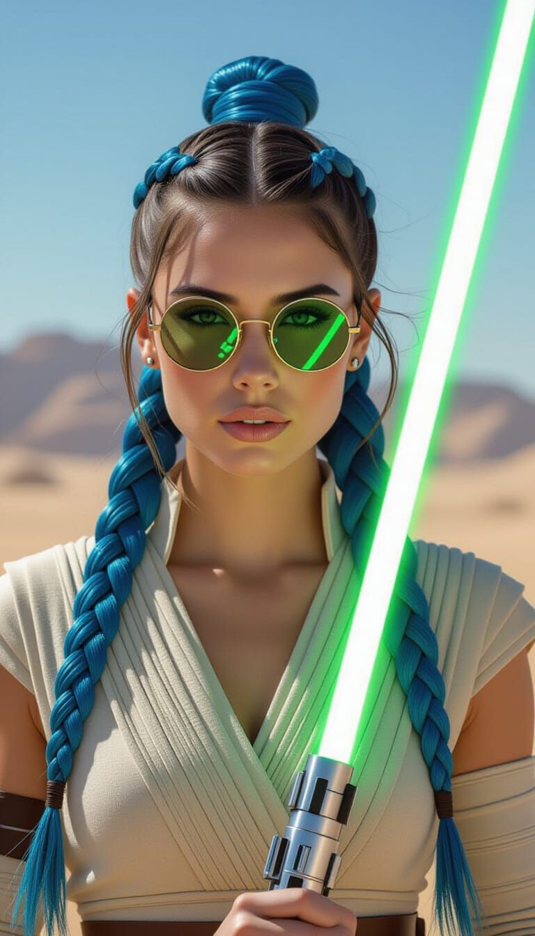 Jedi with Blue Braids and Green Lightsaber on Tatooine